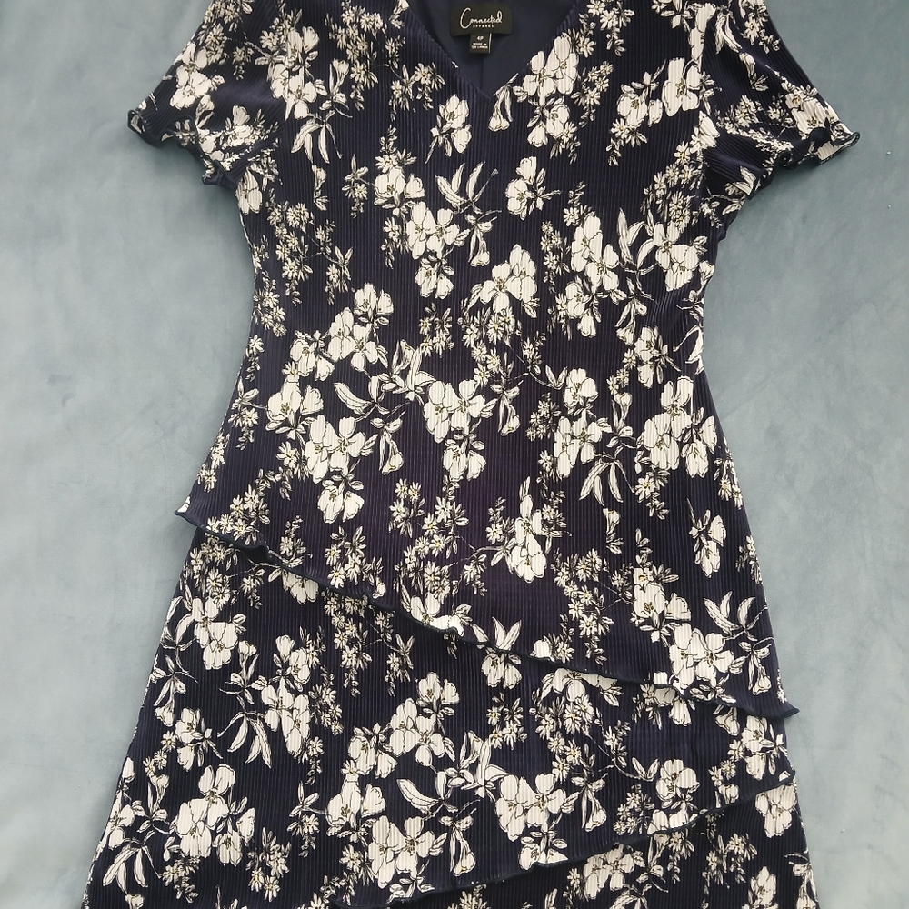 Connected Apparel Navy and White Floral Dress